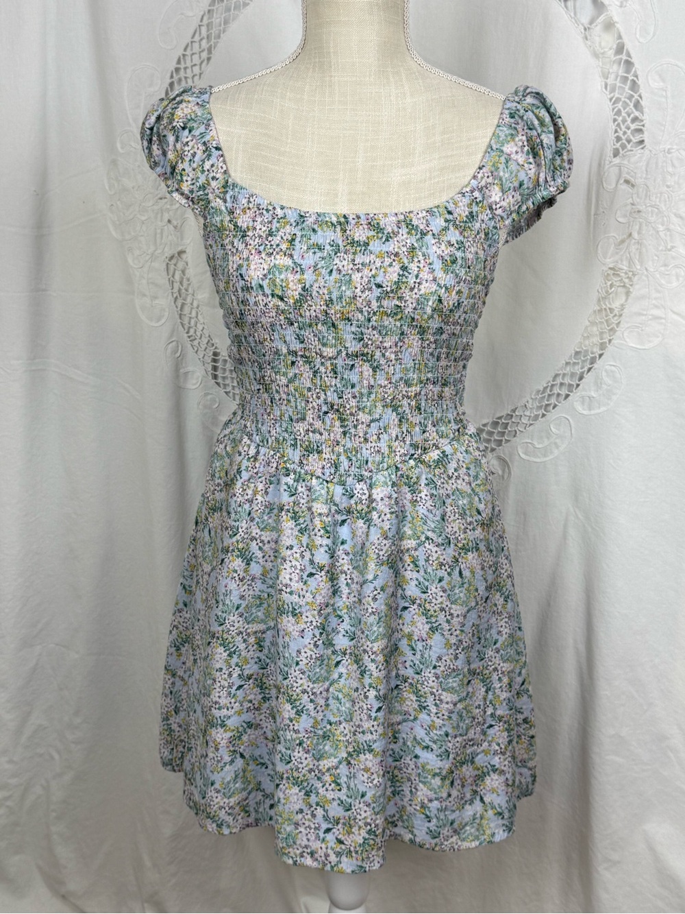 Lily Rose - Floral Smocked Lined Short Dress in Light Blue - Size Small